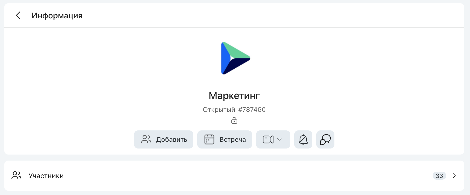 Страница «Информация» группового чата с кнопками управления