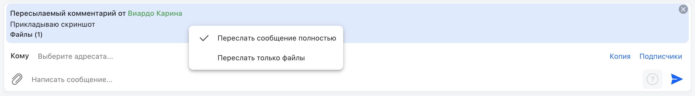 Выбор режима пересылки: полностью или только файлы