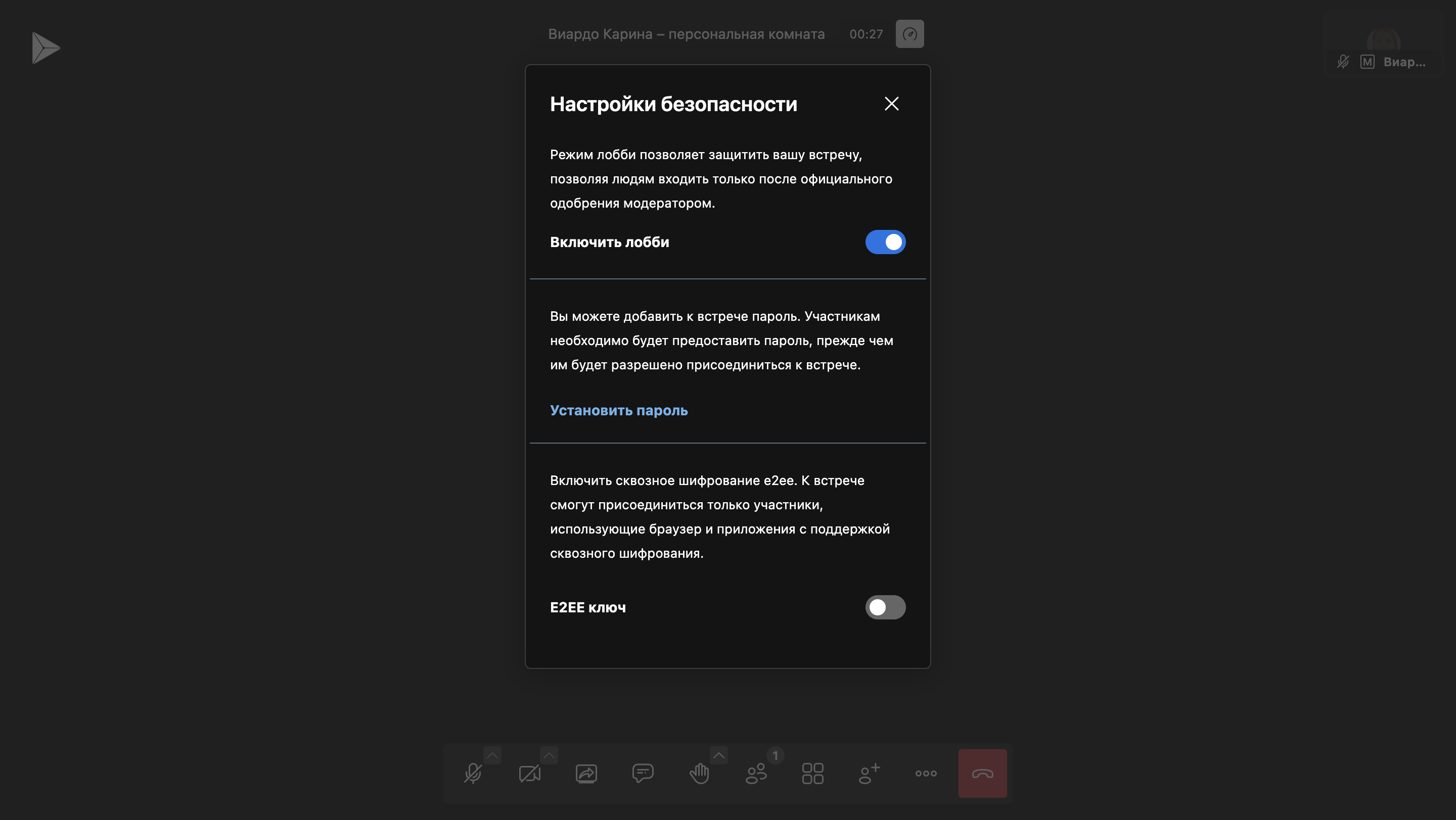 Окно настроек безопасности конференции