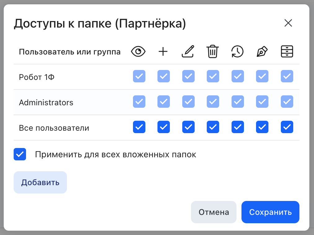 Окно «Доступы к папке»: права для пользователей и групп по столбцам-иконкам