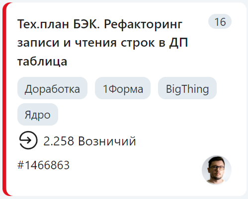 Карточка канбана: заголовок, теги, статус и исполнитель