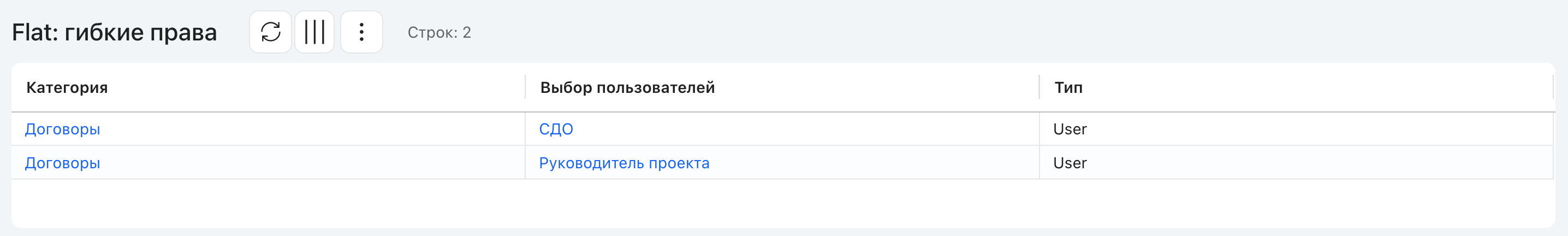 Форма «Flat: гибкие права»: пример с ДП «РП» и «СДО» в категории «Договоры»
