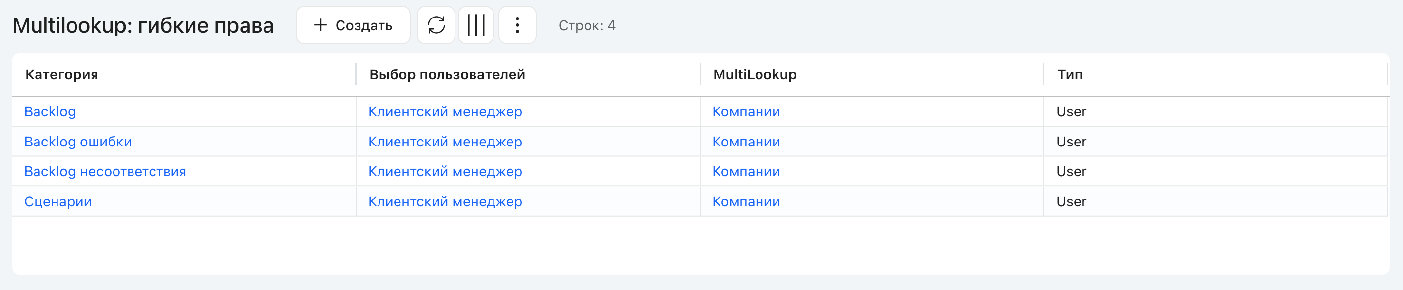 Форма «Multilookup: гибкие права»: пример с ДП «Компании» (Multilookup) и ДП «КМ» из категории-источника «Клиенты»