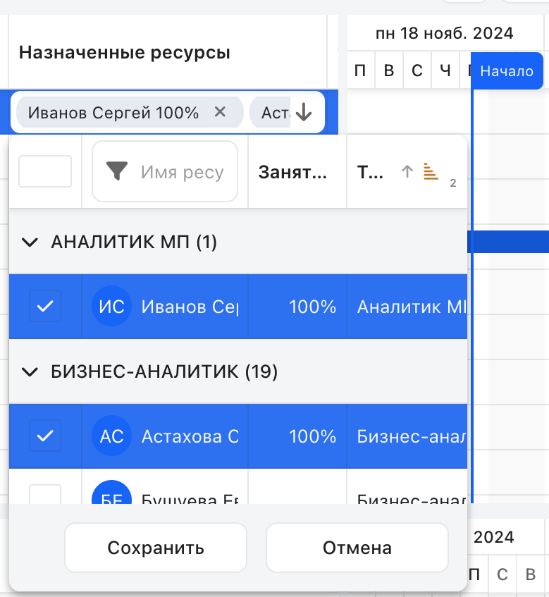 Выбор ресурса в колонке «Назначенные ресурсы» с указанием процента загрузки