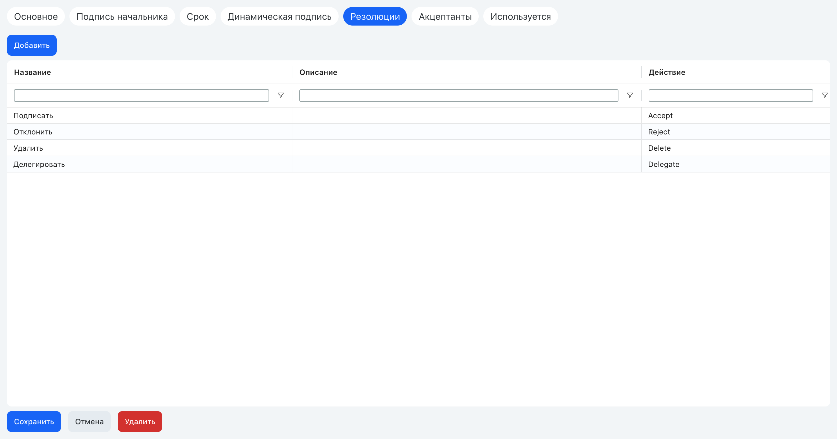 Вкладка «Резолюции»: список доступных типов резолюций подписи